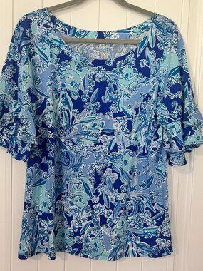 Lilly Pulitzer Lula Top Koalafications Print Blue White Large Pima Cotton Resort